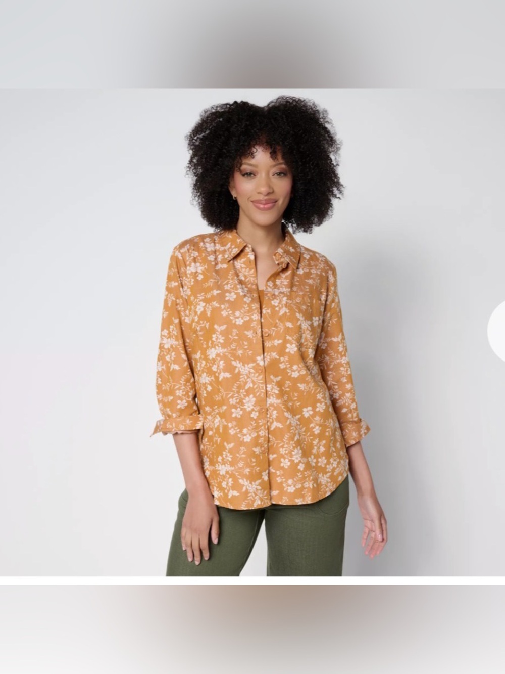 Joan Rivers Cotton Chambray Floral Classic Button Front Shirt honey XL NWT